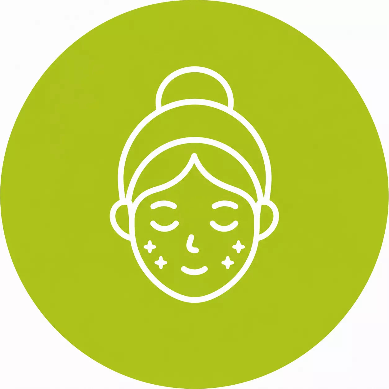 A white line-drawing icon of a smiling face with sparkles on the cheeks inside a green circle.